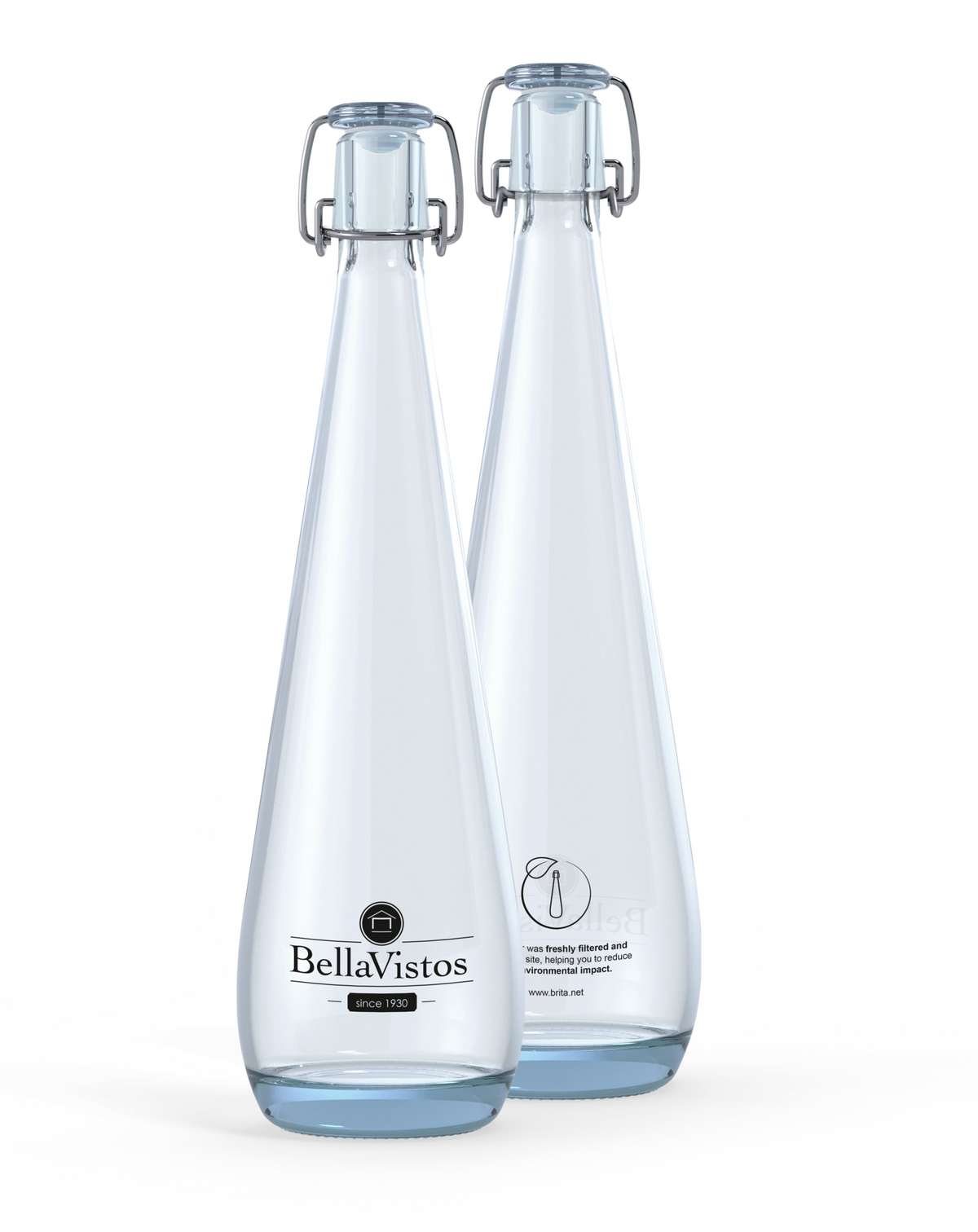 Twee doorzichtige BRITA Swing-flessen met het logo van de klant.