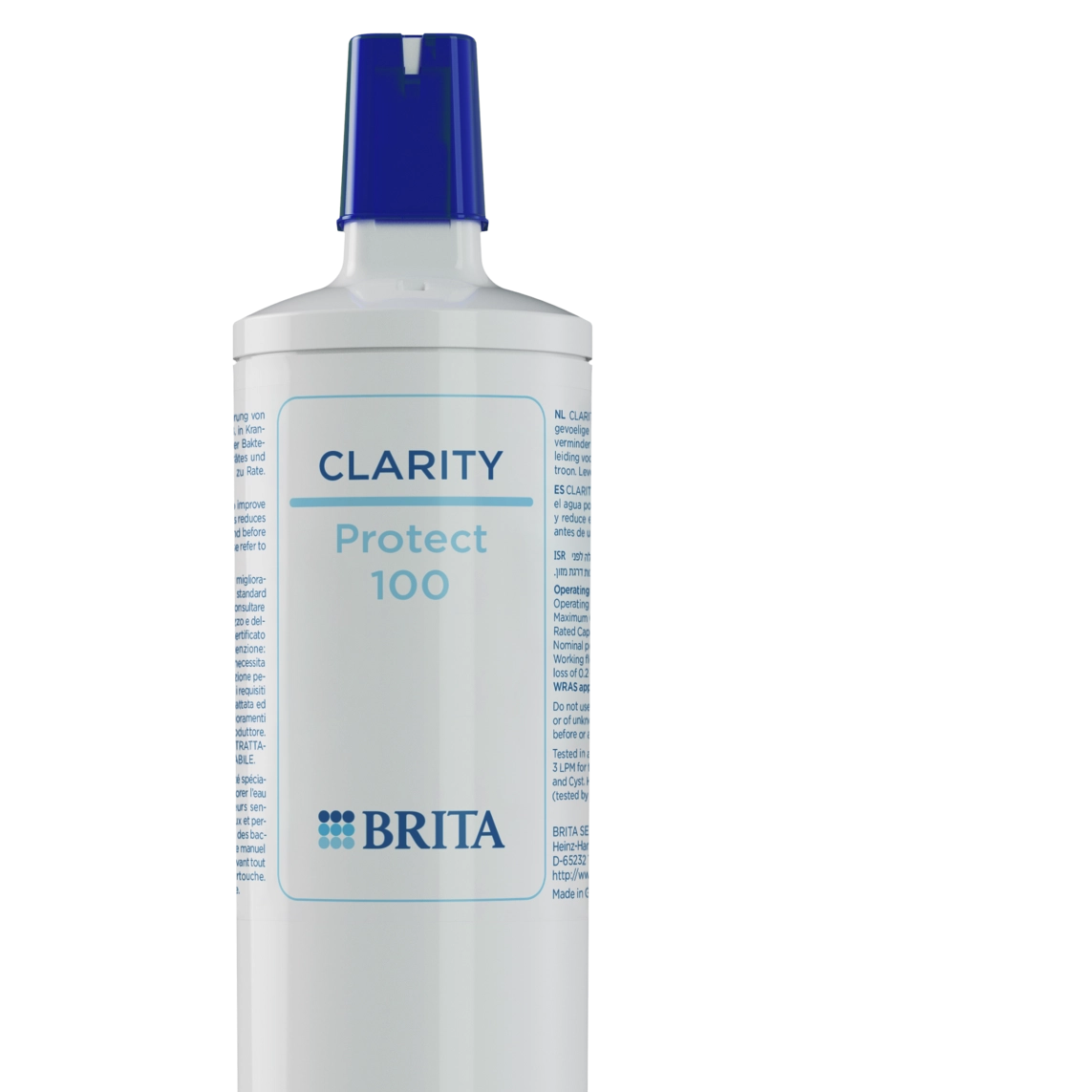 BRITA CLARITY Protect-filter met een blauwe dop op een doorzichtige achtergrond.