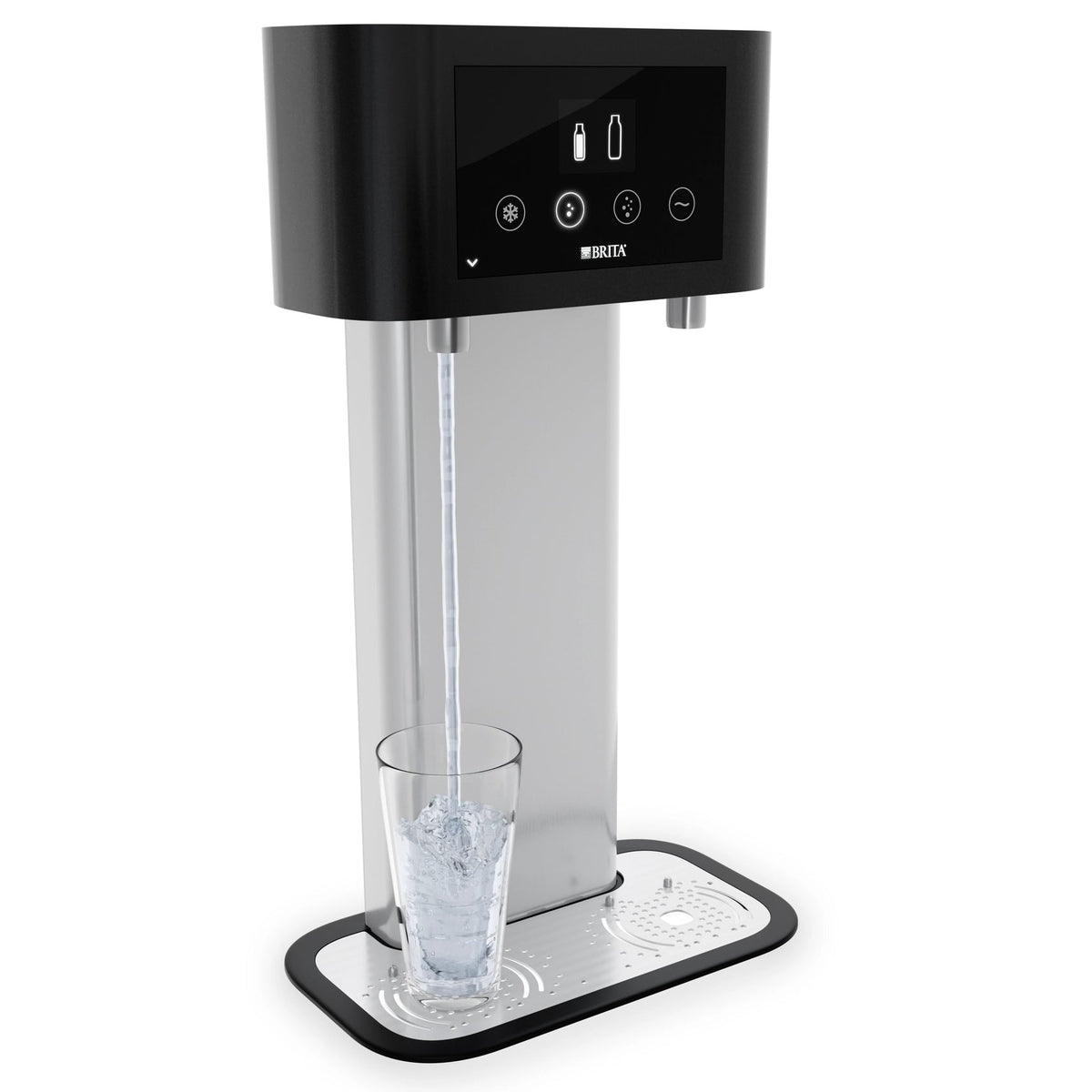 BRITA Fill T-Tap-waterdispenser met een glas op een witte achtergrond